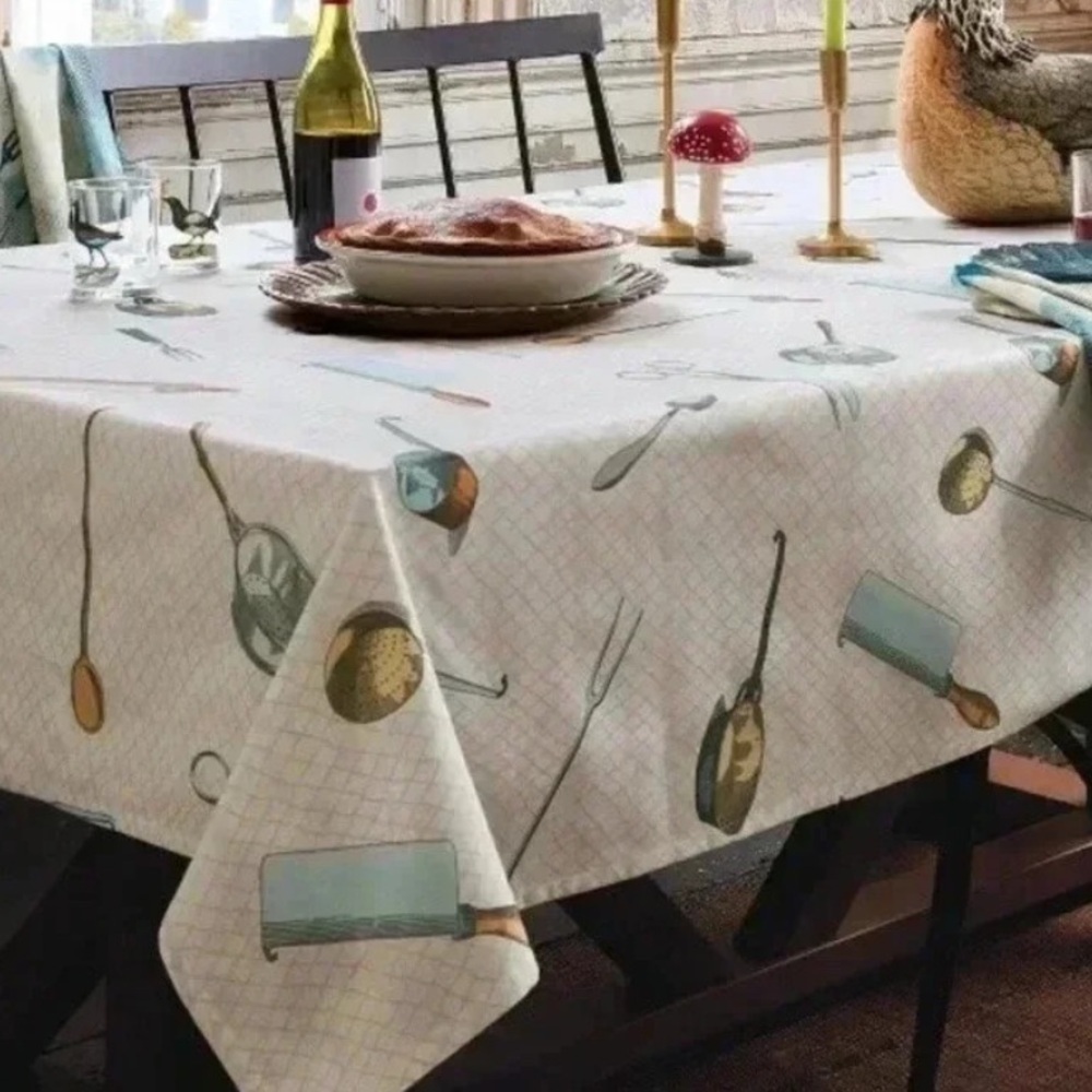 John Derian tablecloth Cutlery Toss Print Rectangle cotton linen New 60in x 84in